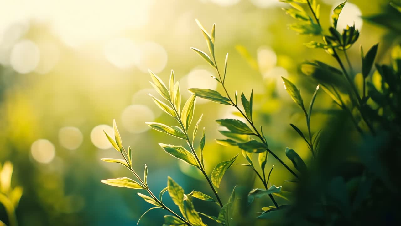 Close-up video of sunlit leaves with a soft focus background, captured from a low angle