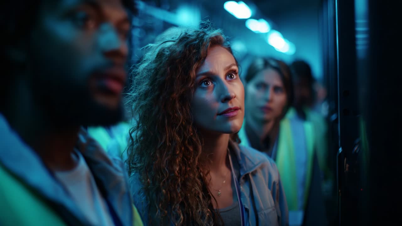 In a dimly lit environment, a group of individuals in reflective vests scrutinizes an unknown object, each displaying varying expressions of curiosity and intrigue while illuminated by blue ambient lighting