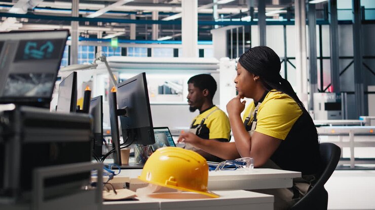 Vertical Video African american engineer analyzes energy consumption software in solar factory