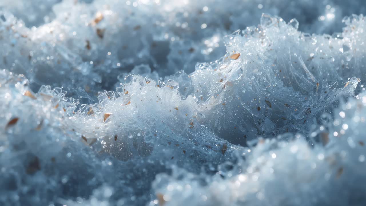 Shifting camera revealing macro ice crystals catching low sun on frosty ground, with amber granules