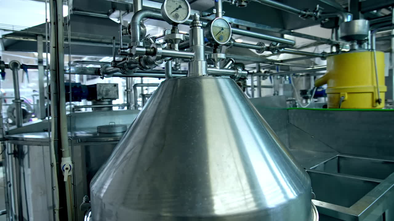 Huge factory milk tanks for producing butter. Factory cheese making in big production industry.