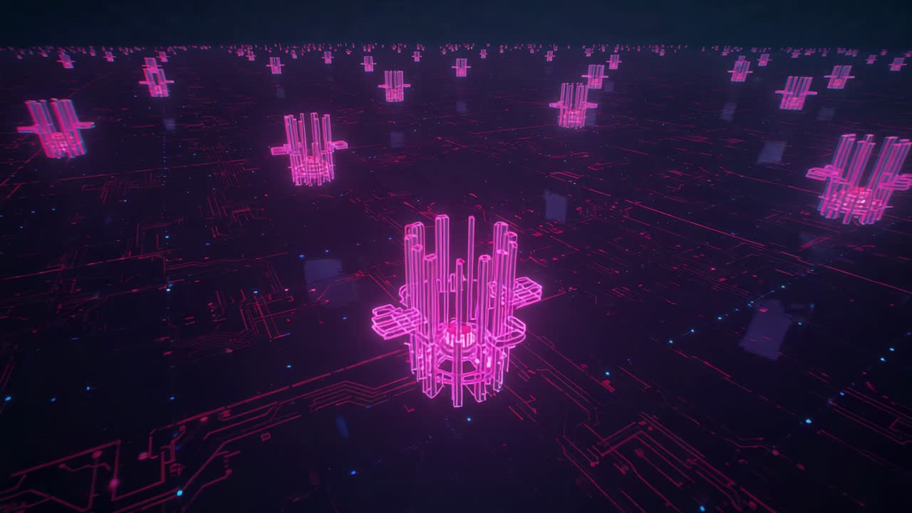 Animation starting pink bar cluster pulsing rising above grid, camera orbiting revealing landscape