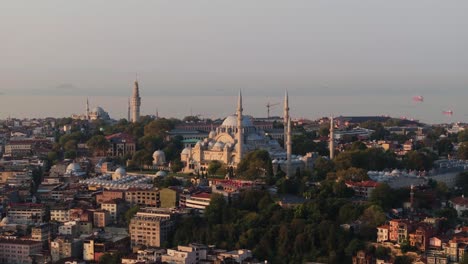 suleymaniye mosque at sunrise - forward drone shot