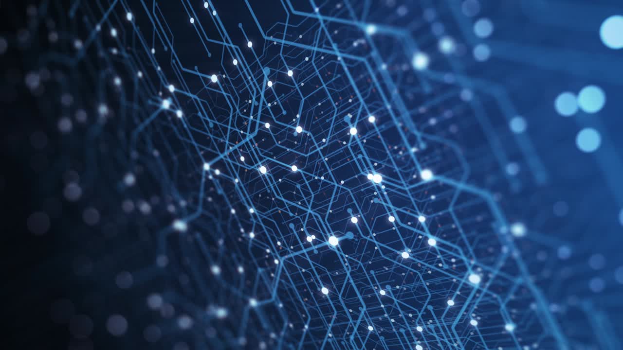Abstract tech background made of printed circuit board. Depth of field effect and bokeh. internet connections, cloud computing and neural network, big data. 3D render, 4K seamless loop