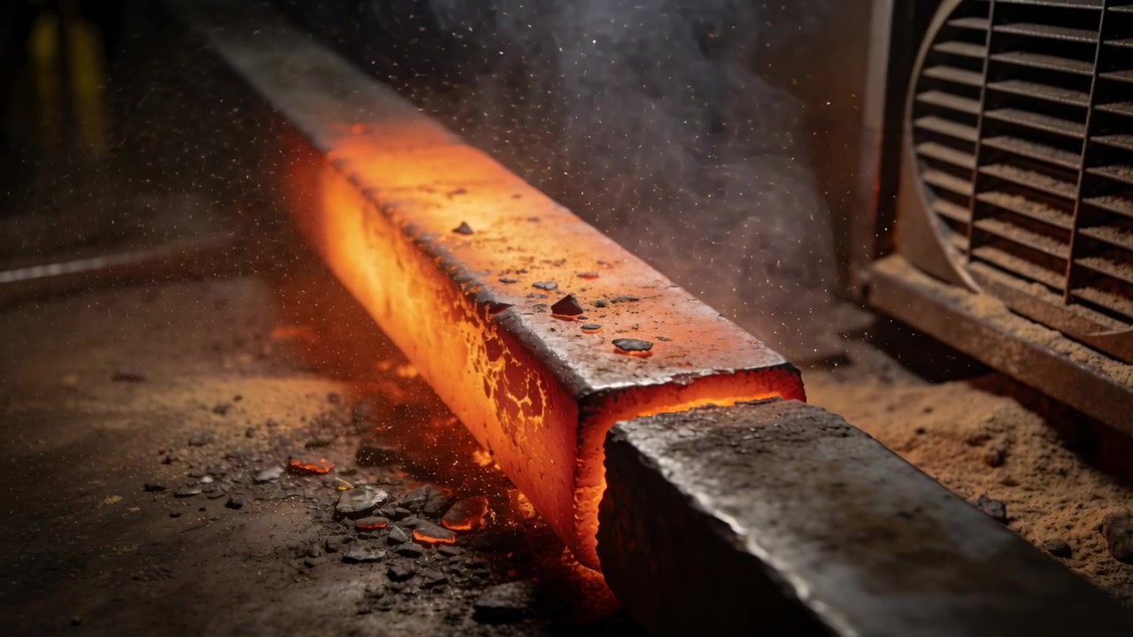 Cooling hot steel billet releasing sparks and scale on forge floor, ventilation drawing smoke right