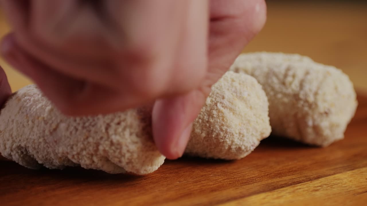 Portuguese croquettes on wooden desk close-up macro. Breaded croquette of fish, potatoes and ham. Man cooking spanish food. . High quality 4k footage