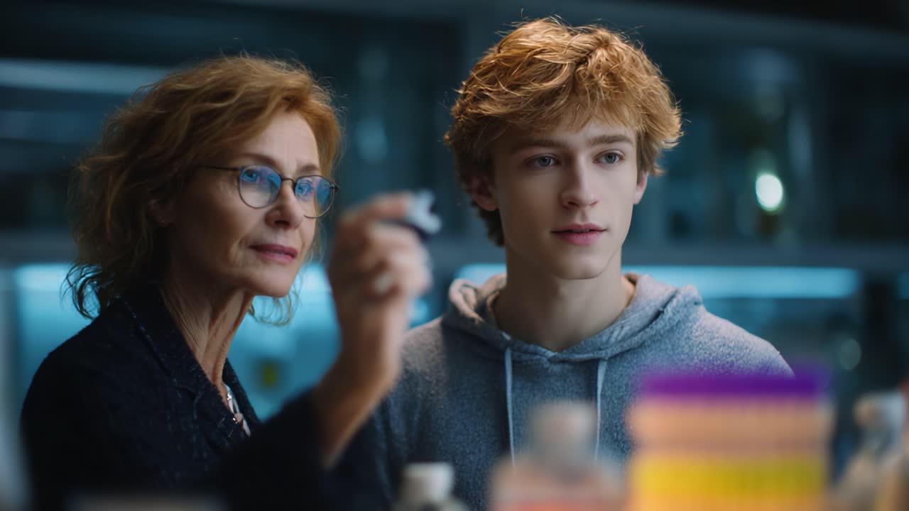 A focused moment in a laboratory where a seasoned researcher and a young apprentice share insights, surrounded by scientific equipment and colorful solutions