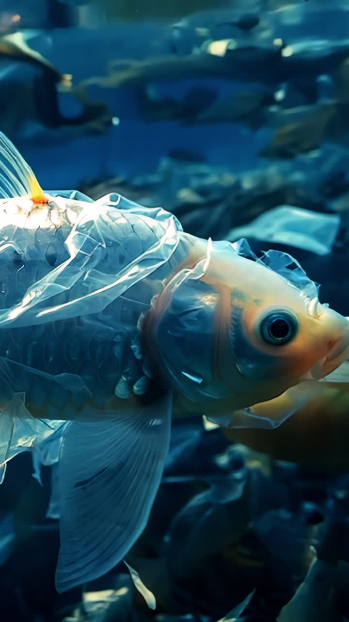 A fish is swimming in a body of water with plastic bags floating around it