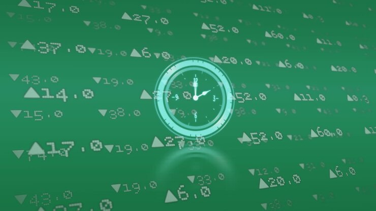 Animation of clock over financial data on green background