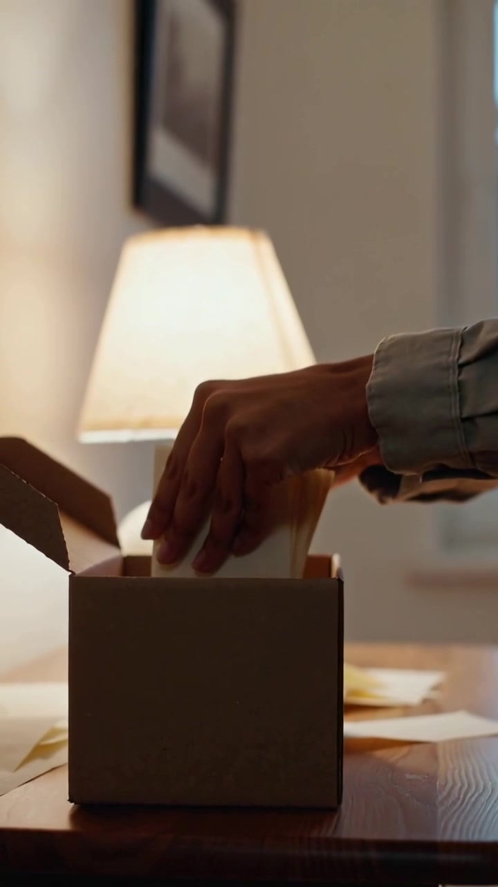 Vertical video: Lifting mail urging hands placing into cardboard box on home table packing, cuffs