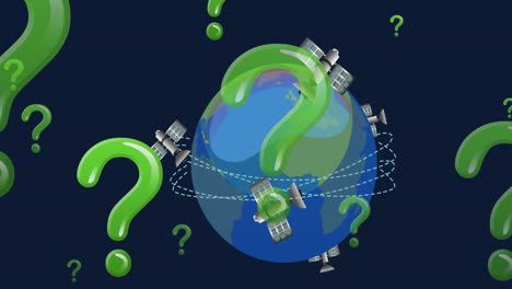 animation of green question marks, satellites and globe spinning on blue background