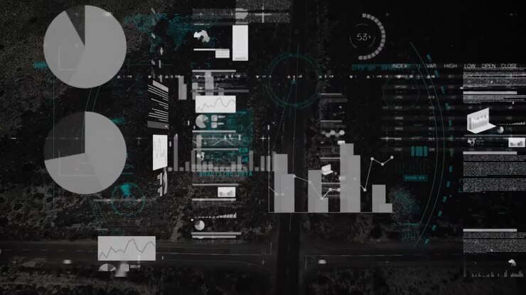 Animation of financial data processing over scope scanning and cityscape