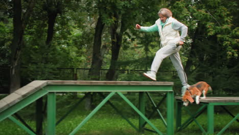 educator on white sneaker running alongside bulldog carefully instructing dog across obstacle trail until finishing line showing teamwork discipline outdoor in green grassy environment
