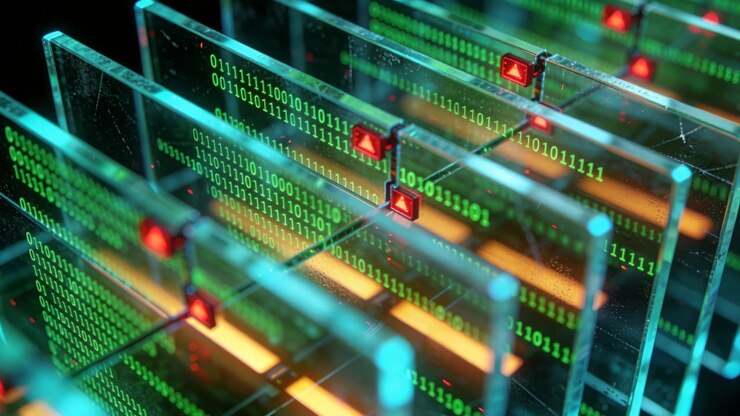 La telecamera in movimento scorre sopra le piastre in un vuoto di dati con barre binarie arancioni e nodi lampeggianti in fase di elaborazione