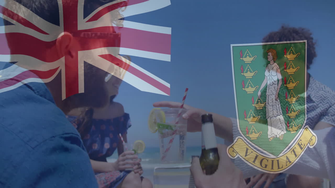 At beach, people holding drinks with British Virgin Islands flag animation overlay