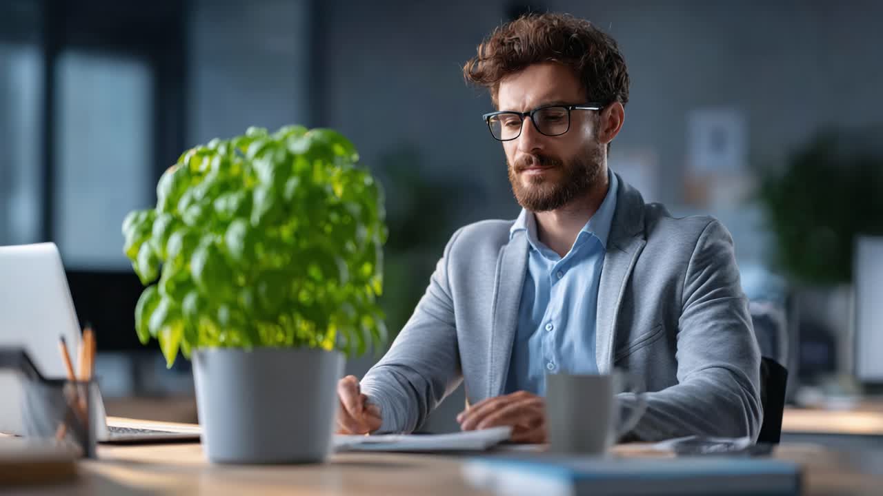 Focused Professional in Modern Office Setting Engaged in Work with Indoor Plant, Portraying Concentration and Productivity Amidst Contemporary Environment