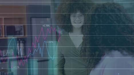 animation of financial data processing over diverse business people in office