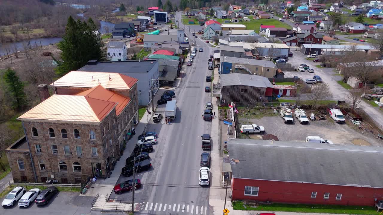 Main Street in Davis, West Virginia With Historic Brick Buildings and Houses, USA