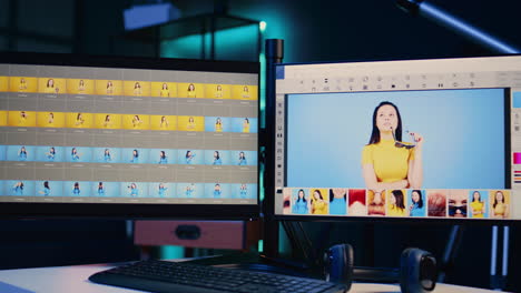 image editing application ui displayed on multi monitors pc setup in multimedia workspace