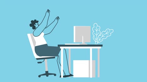 cartoon woman stretching arms and yawns while sitting at computer. flat design 2d character loop animation with alpha channel