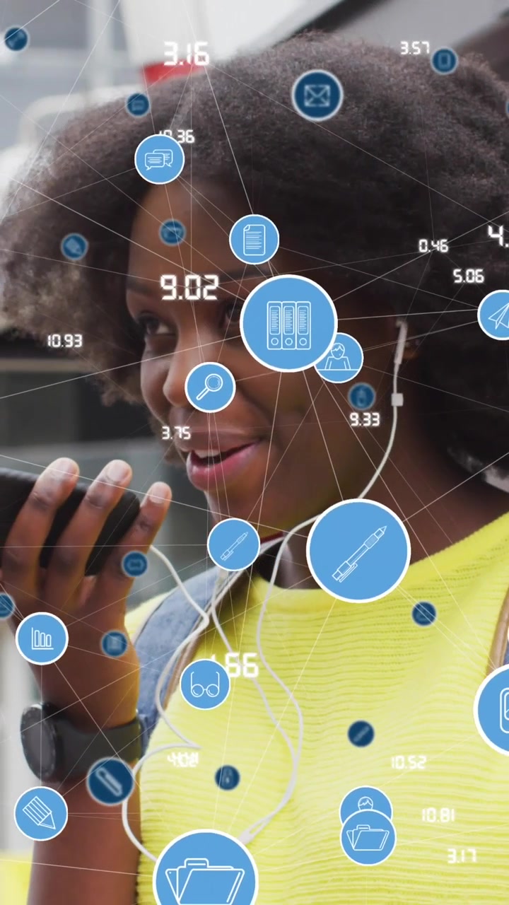 Animation of network of connections with icons over african american woman using smartphone