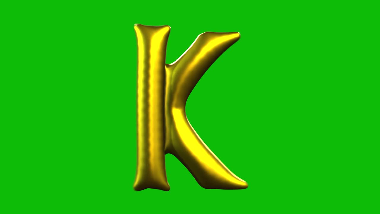 La lettera K di un palloncino in lamina d'oro si gonfia, ruota e si rivela su uno sfondo verde in un'animazione 3D. Ideale per feste, celebrazioni, compleanni e progetti di video editing.