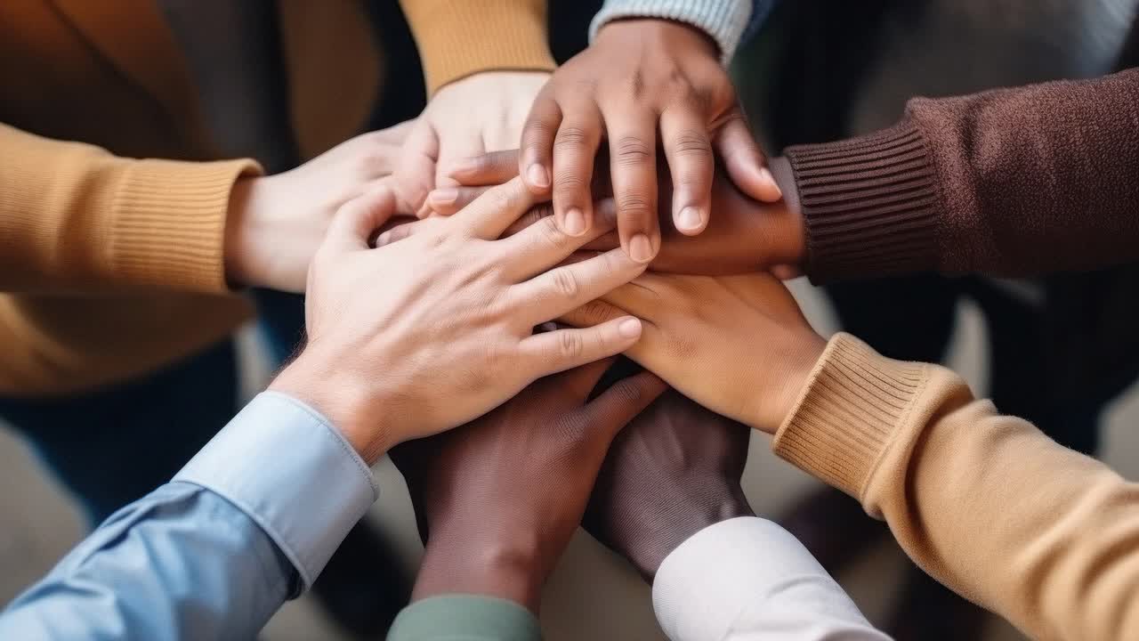 A top-down video shot of diverse hands stacked together, symbolizing unity and teamwork