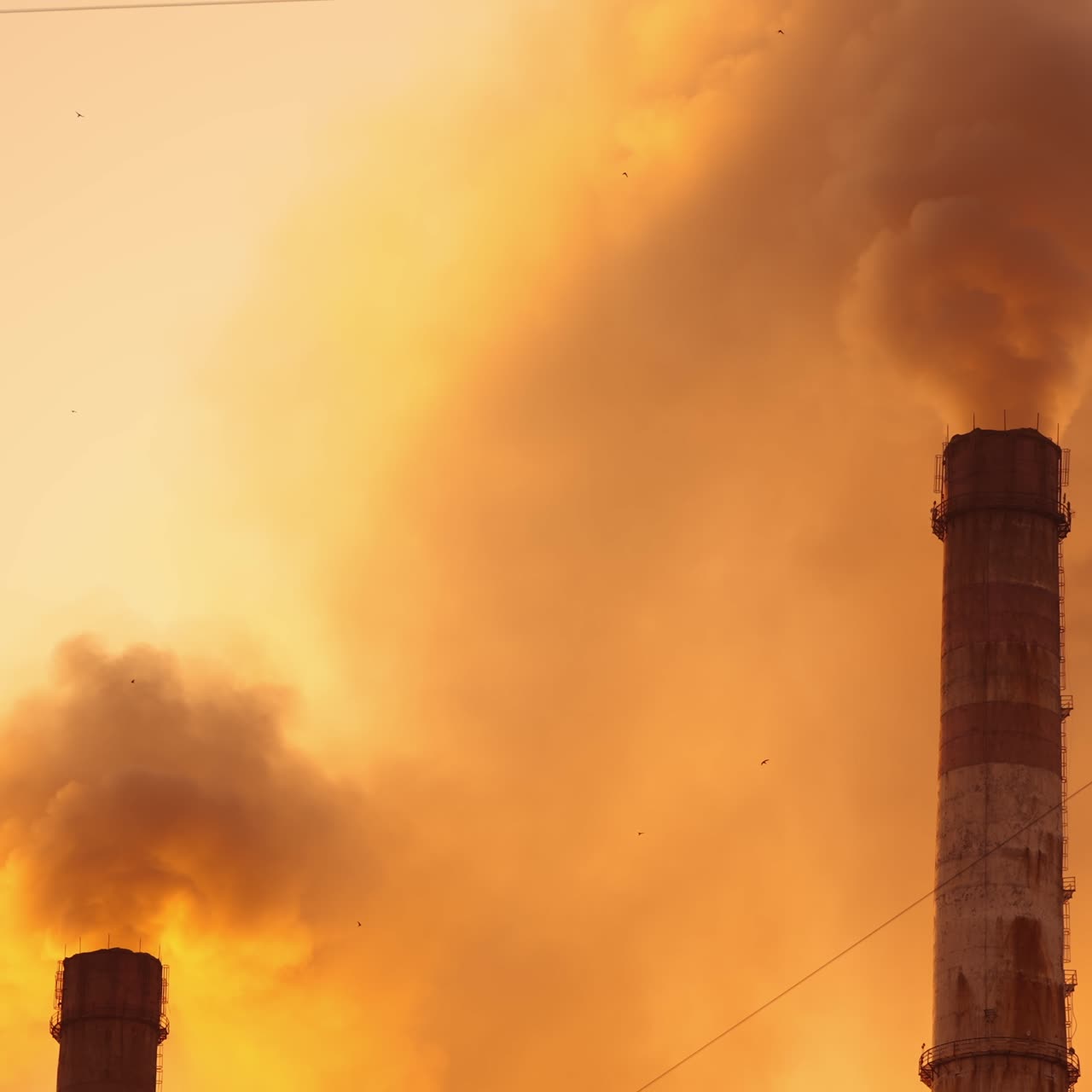 Environmental disaster. Chemical puffs of smoke from factory chimneys pollute the air at sunset. Atmospheric air pollution from industry