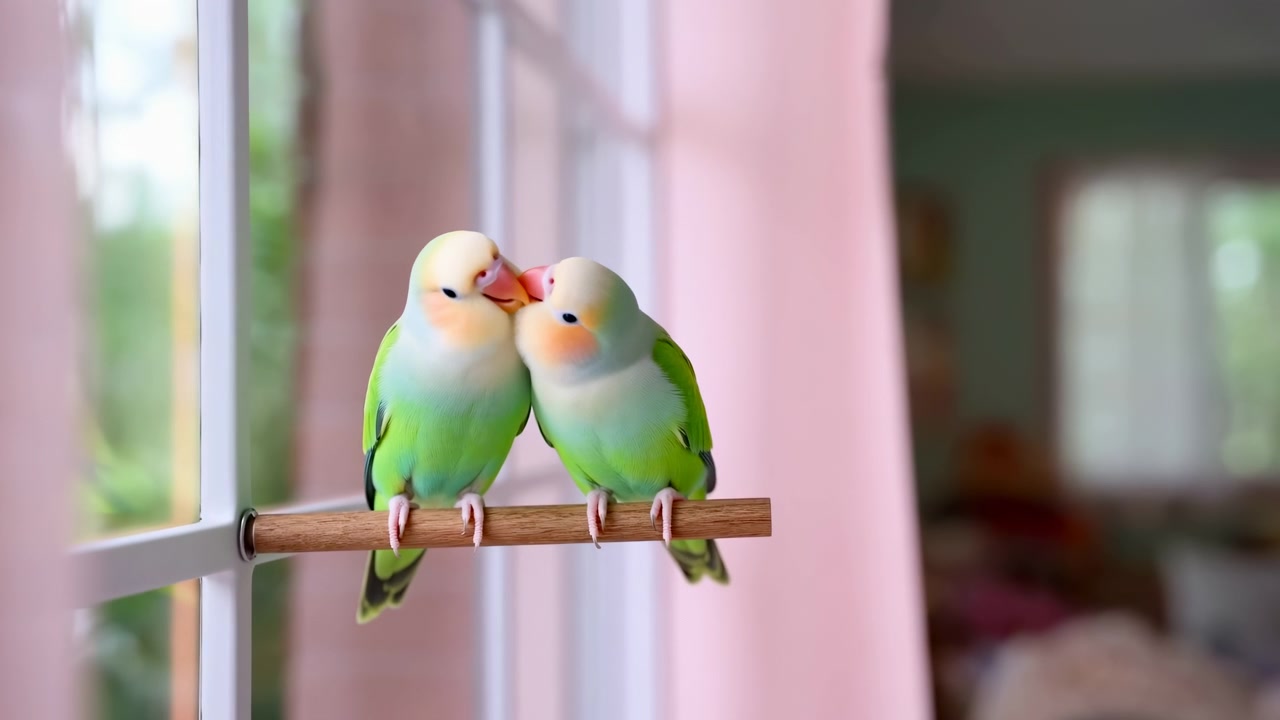 Dois Agapornis Verdes Aconchegam-se num Poleiro Perto da Janela, Cortinas Rosa Suaves, Luz Solar Matinal Filtra-se pelo Vidro