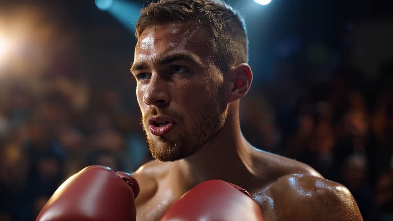 Intense Moment in Boxing: A Determined Fighter Focuses Before the Final Round in a Thrilling Match Filled with Anticipation and Energy from the Crowd