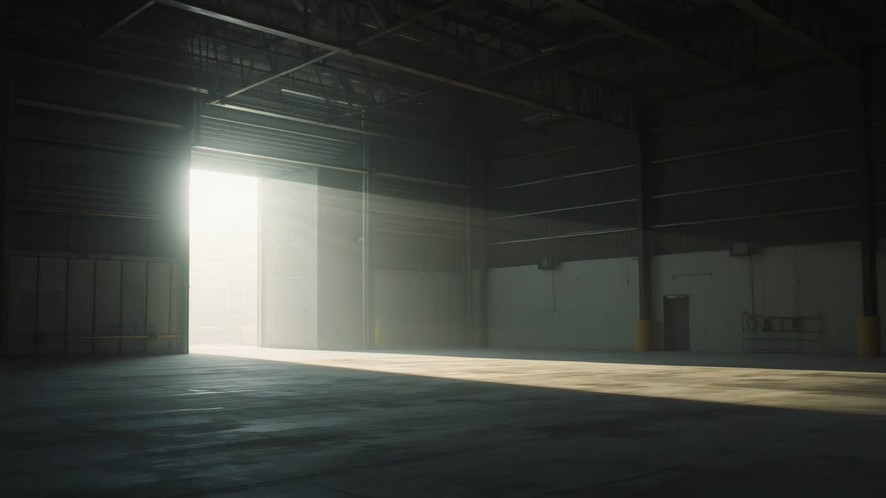 Vertikal video: Oplukning af rulleport, hvor en lang solstråle fejer hen over hangargulvet.