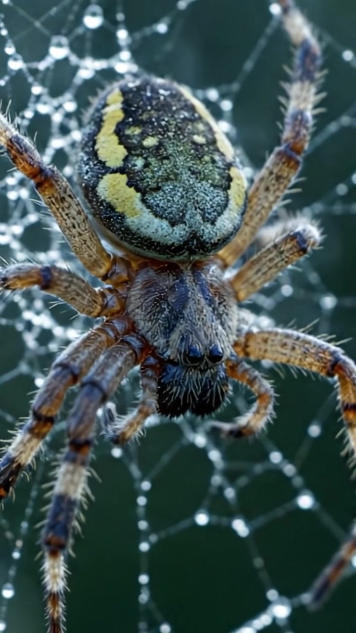 Uma vista em close-up de uma aranha impressionante intrincadamente tecida em sua teia, adornada com gotas de orvalho cintilantes, exibindo o artesanato e a beleza da natureza em detalhes macro.