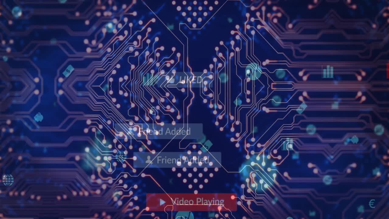 Animation of social media icons and texts over computer circuit board on blue background