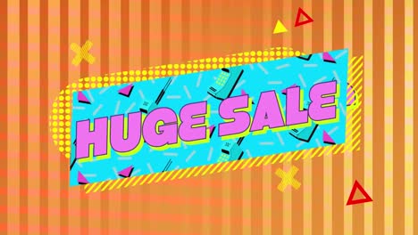 Huge-sale-graphic-in-blue-rectangle-on-moving-orange-line-background