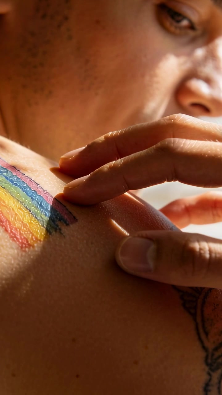 Vertical video: Hand approaching shirtless man touching shoulder at window checking rainbow paint