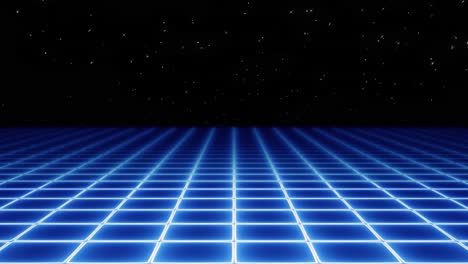 a blue 1980s vaporwave-style electric neon grid, moving towards the viewer, with stars coming and vanishing