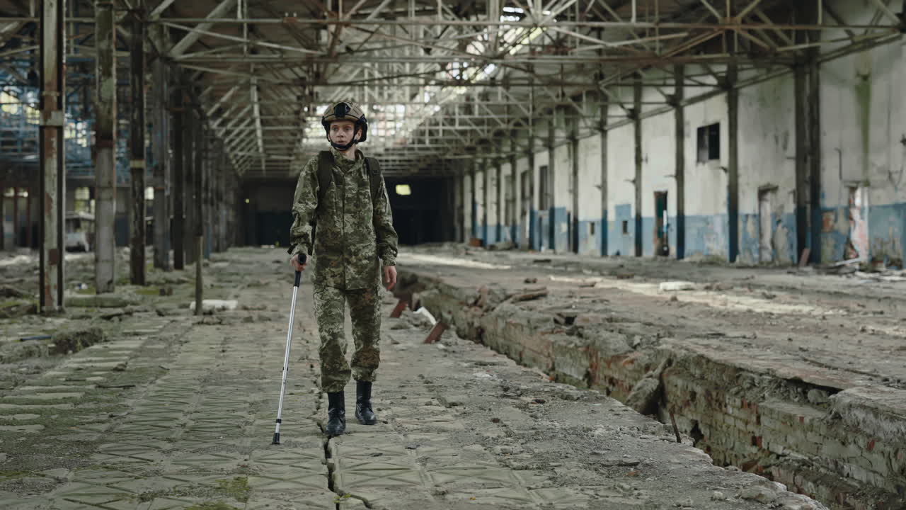 Injured Soldier in a Ruined Factory