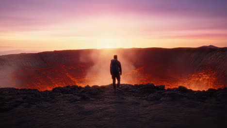 traveler at the edge of a volcano crater during sunset