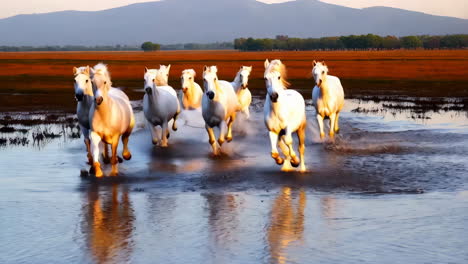 white horses galloping through water at sunrise