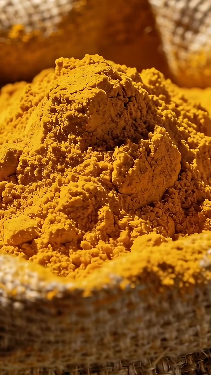 Vertical video: Moving camera revealing turmeric mound in burlap, changing focus to show granules