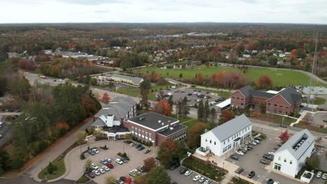 aerial shot flying over the small town of scarborough maine