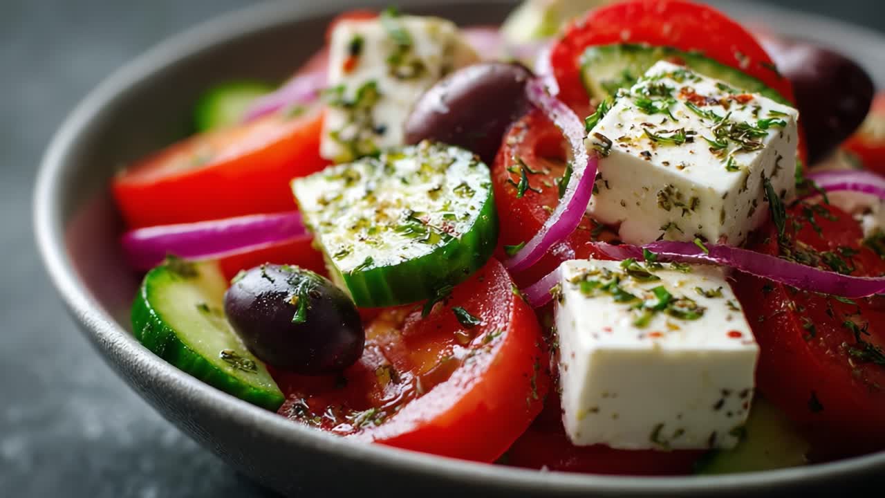 Fresh and Colorful Greek Salad with Tomatoes, Cucumbers, Red Onions, Olives, and Feta Cheese Topped with Herbs and Spices for a Delicious and Nutritious Meal