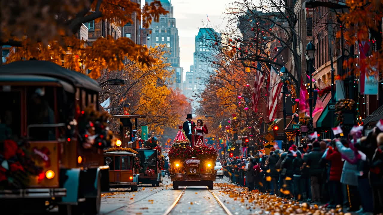 Autumn city parade. Crowds gather along a city street to enjoy a festive parade filled with colorful decorations and cheerful performers