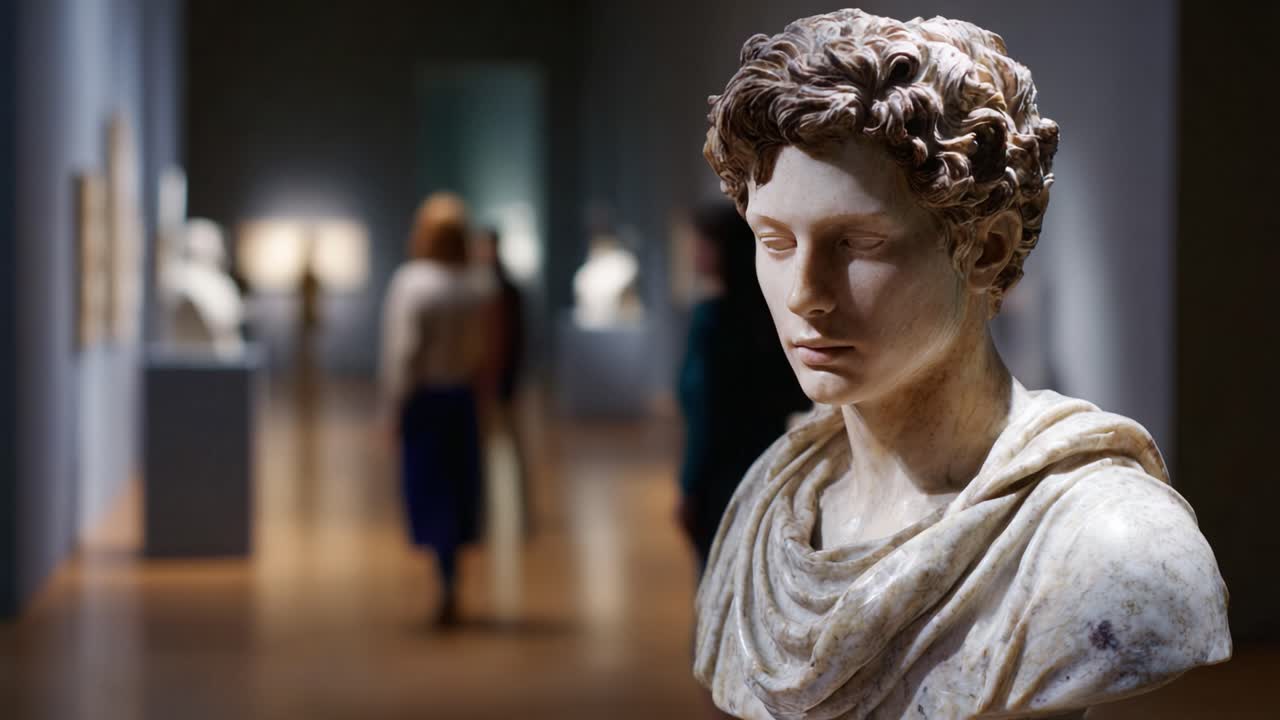 En fascinerende marmorbyste fengsler besøkende i et kunstgalleri, som fremviser klassisk skulptur midt i en estetisk atmosfære og kulturell verdsettelse