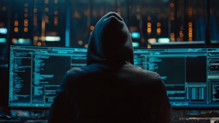 Una Figura Misteriosa Incappucciata Impegnata in Intensa Programmazione in un Ambiente ad Alta Tecnologia Fatto di Flussi di Dati e Monitor di Computer Illuminati.