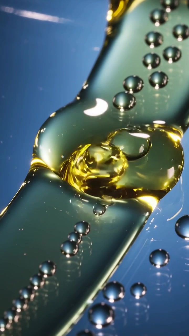 Video verticale: Nastro verde-giallo scorrevole con goccioline su piatto blu, mosso dalla tensione superficiale.