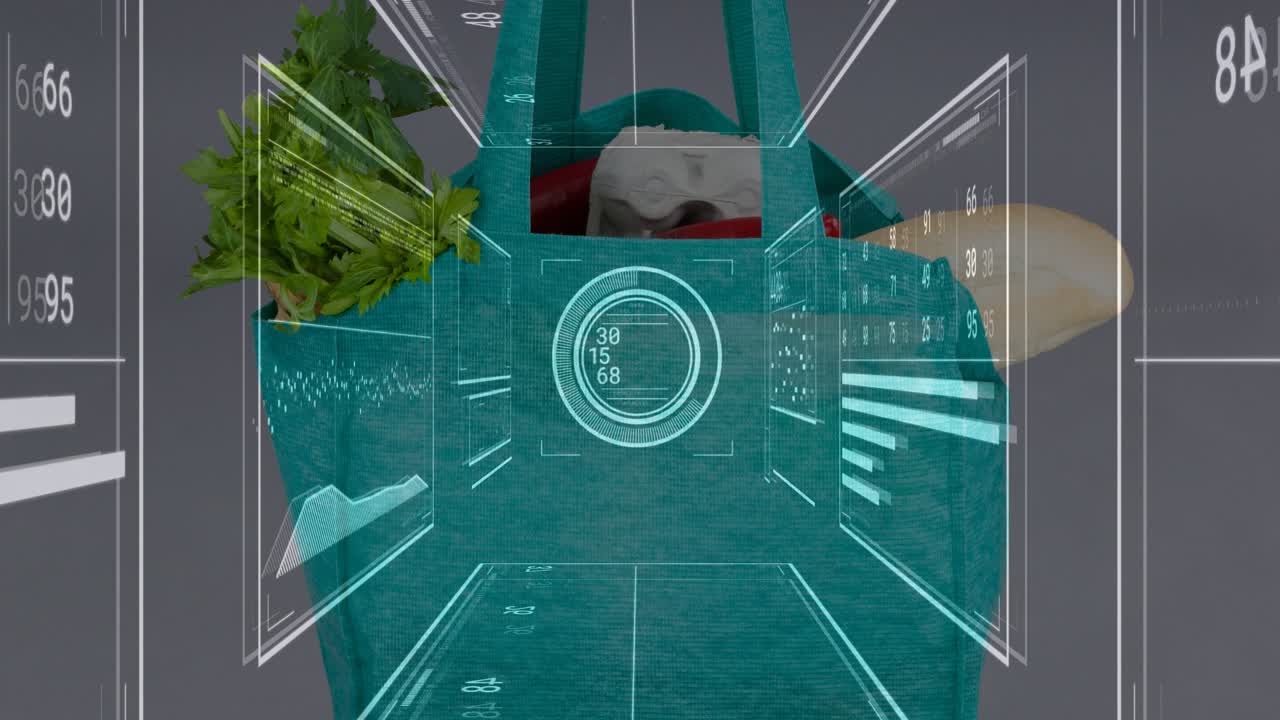 Cyan wireframe HUD activating on clip start, scanning teal tote contents and updating retail charts