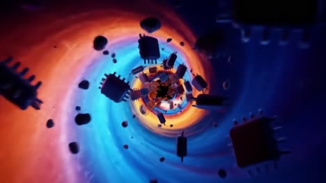a stunning visualization of a dynamic vortex, showcasing floating microchips in a mesmerizing color gradient of blue and orange, spiraling into an infinite depth
