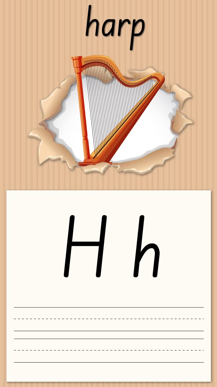 Animated educational video teaches letter H using a harp illustration and handwriting practice on paper