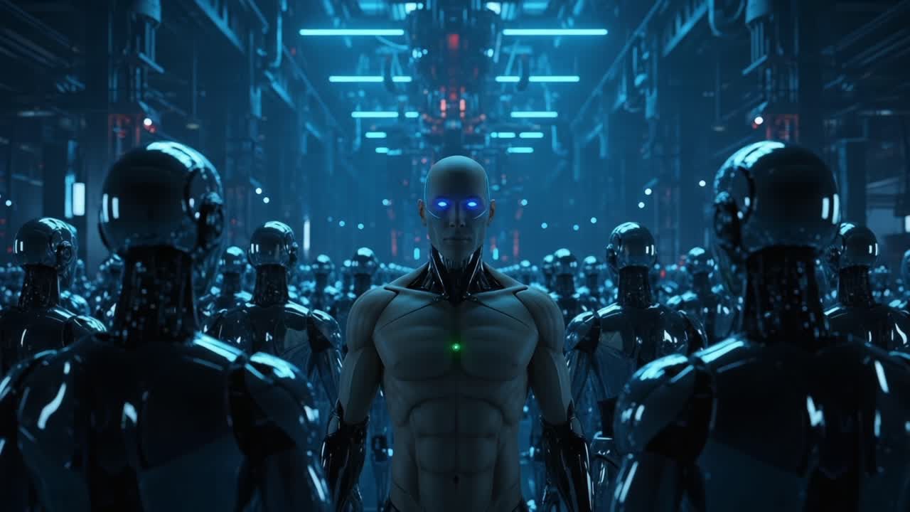 A Futuristic Assembly of Advanced Robots: A Central Figure Surrounded by an Array of Gleaming Humanoids in a Visually Striking High-Tech Environment